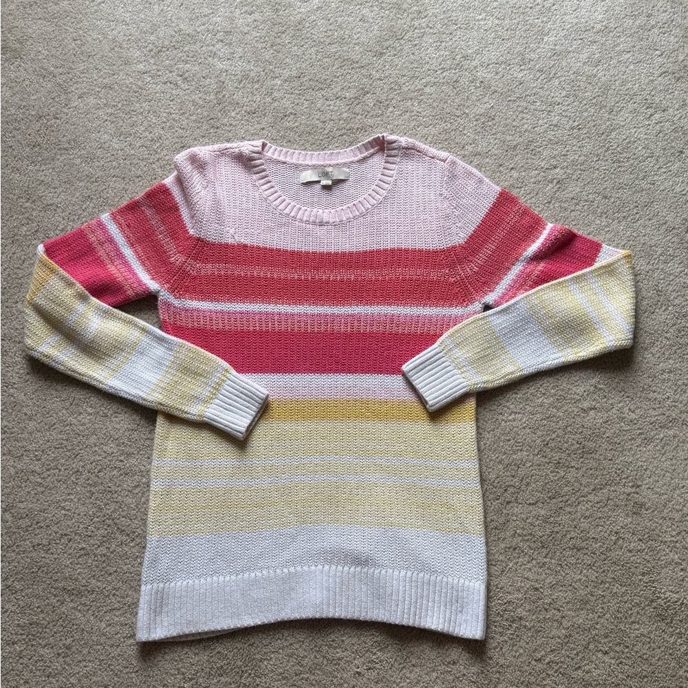 LOFT Pink and Red Crew Neck Sweater with Color-Block Design